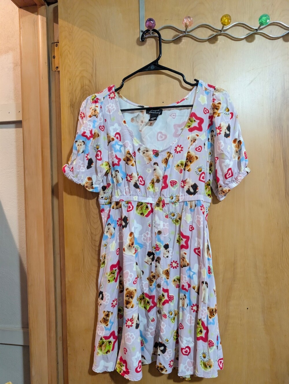 Cute Puppy-Print Pink Mini Dress with Puff Sleeves